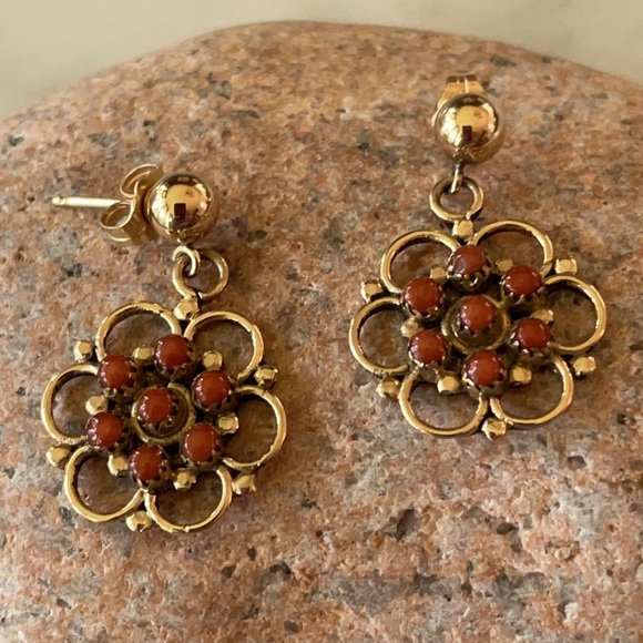 Vintage Zuni Native American Handcrafted 14K Red Coral Earrings - Picture 3 of 14